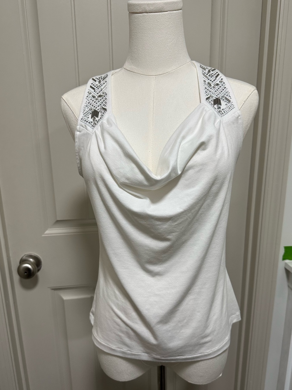 White House Black Market White Cowl Neck Tank with Embellished Straps